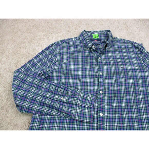 Vineyard Vines Shirt Men Large Slim Green Blue Whale Flannel Cotton Button Up - Picture 3 of 9